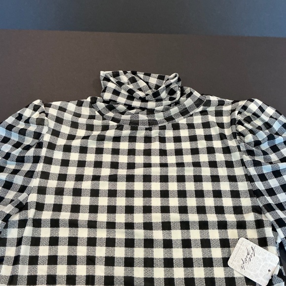Free People Gather Turtleneck Top Black Combo Gingham Mesh Puff Sleeve M NWT - Picture 8 of 14